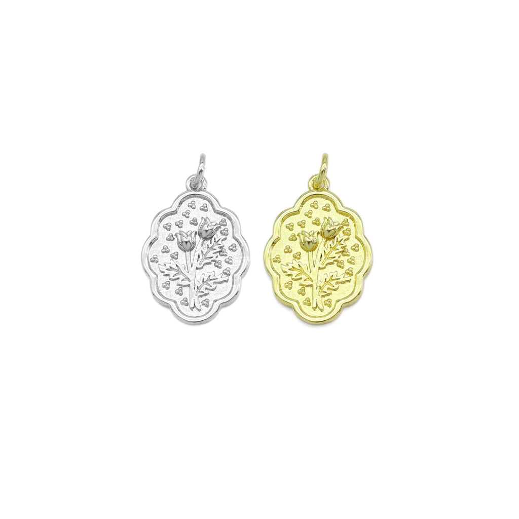 CZ Gold Embossment flower tree Oval Charm, Sku#Z1475