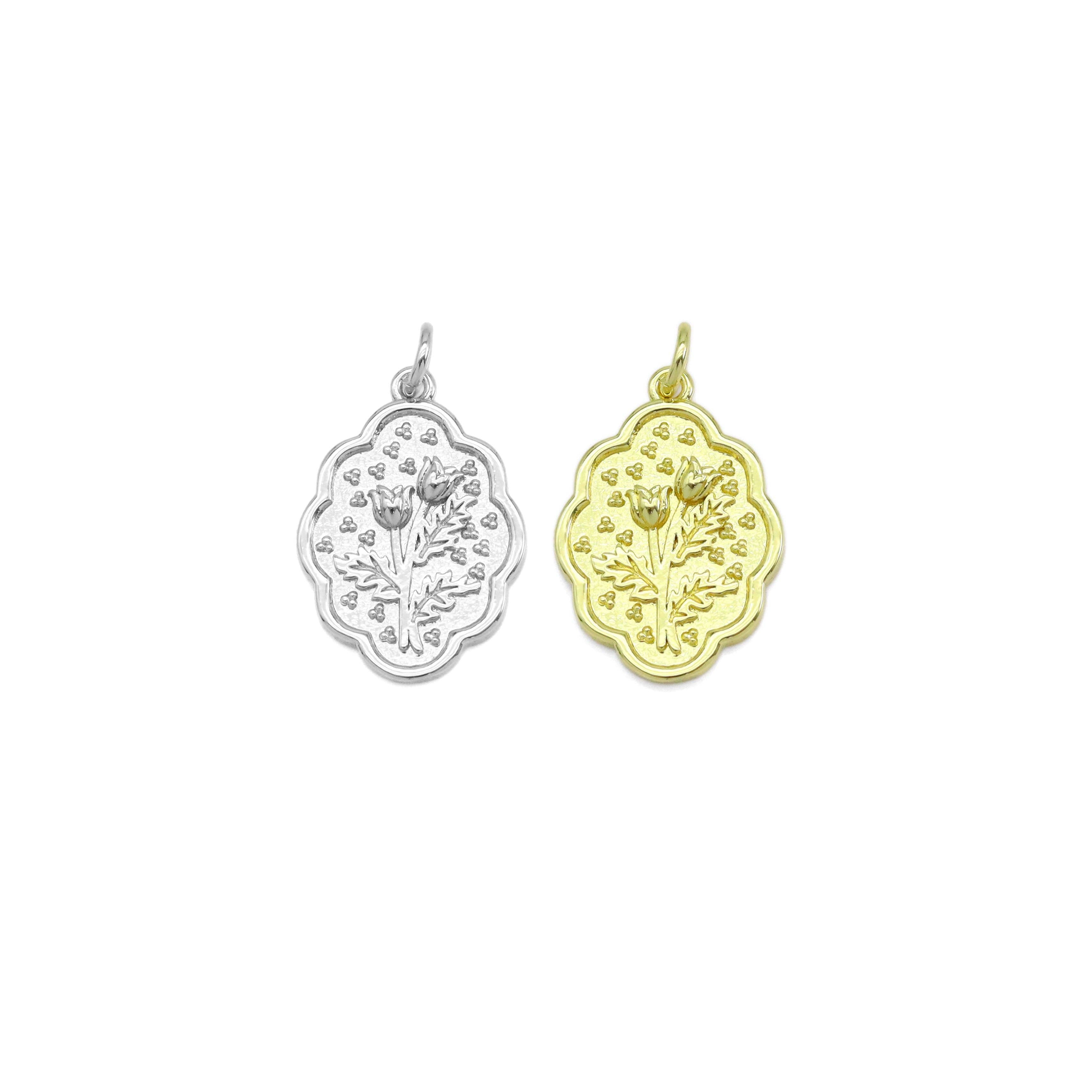 CZ Gold Embossment flower tree Oval Charm, Sku#Z1475