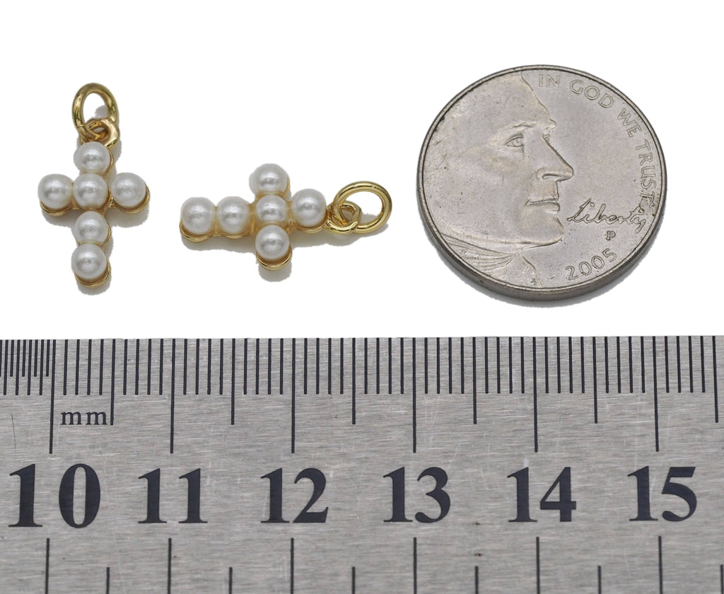 Cute Gold CZ Pearl Cross Charm, Sku#LD341