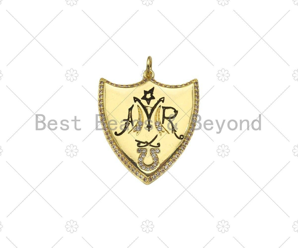 18K Dainty Gold Symbol On Shield Shape Pendant/Charm,Cubic Zirconia Charm, Necklace Bracelet Charm Pendant, 28x24mm, Sku#L556