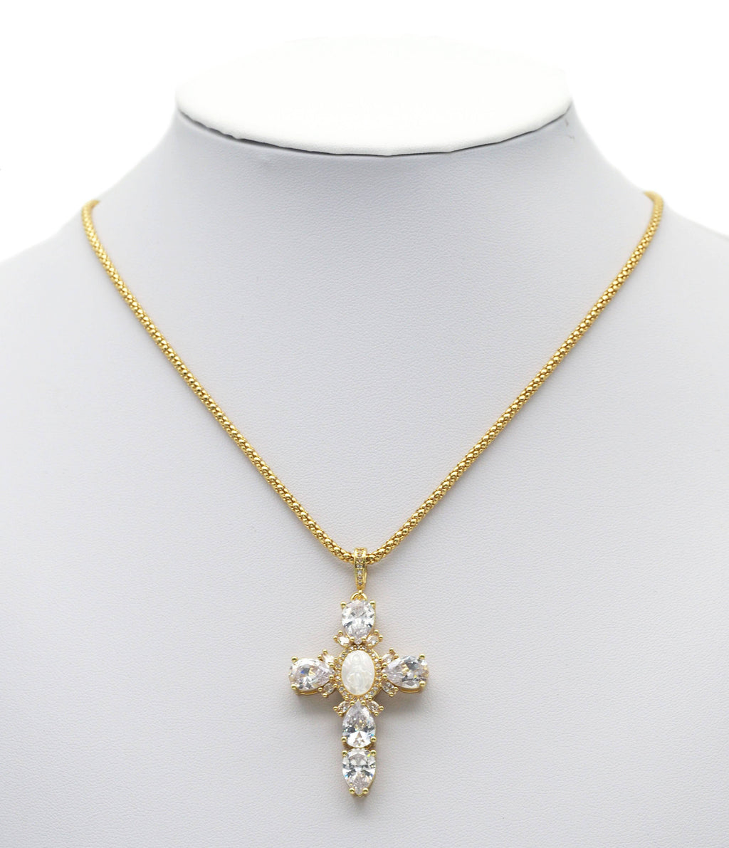 Teardrop CZ Cross With MOP Virgin Mary Charm, Sku#L658