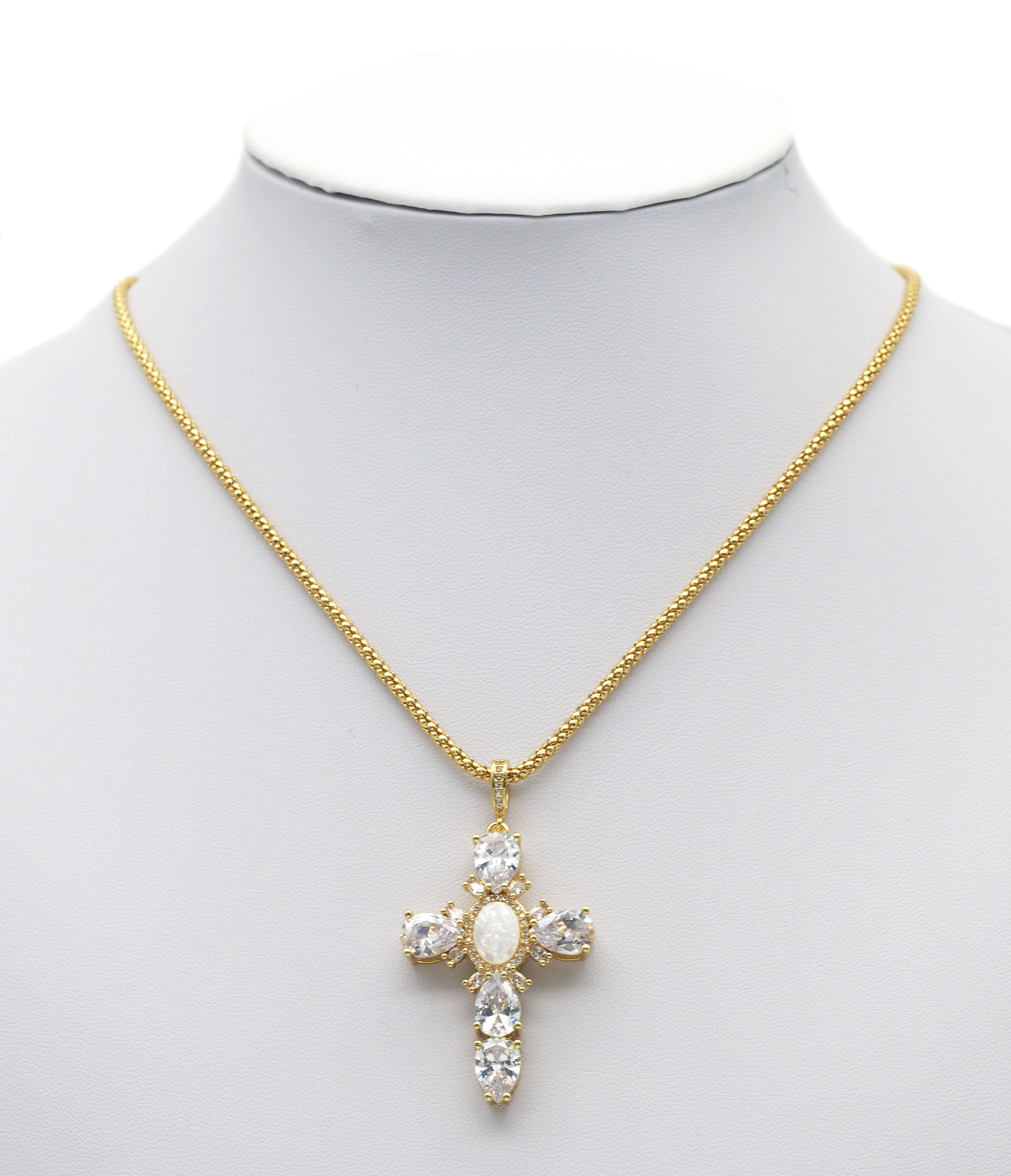 Teardrop CZ Cross With MOP Virgin Mary Charm, Sku#L658