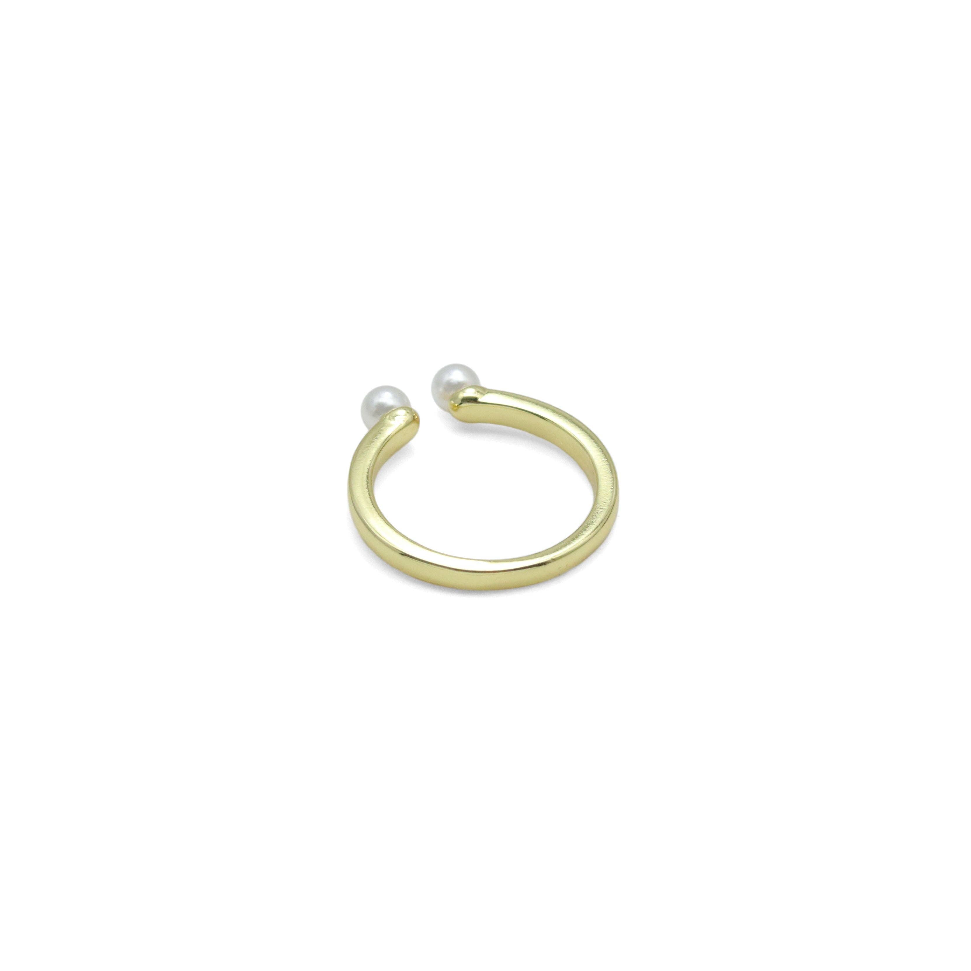 Gold Silver Two Pearl Thin Adjustable Ring, Sku#LX754