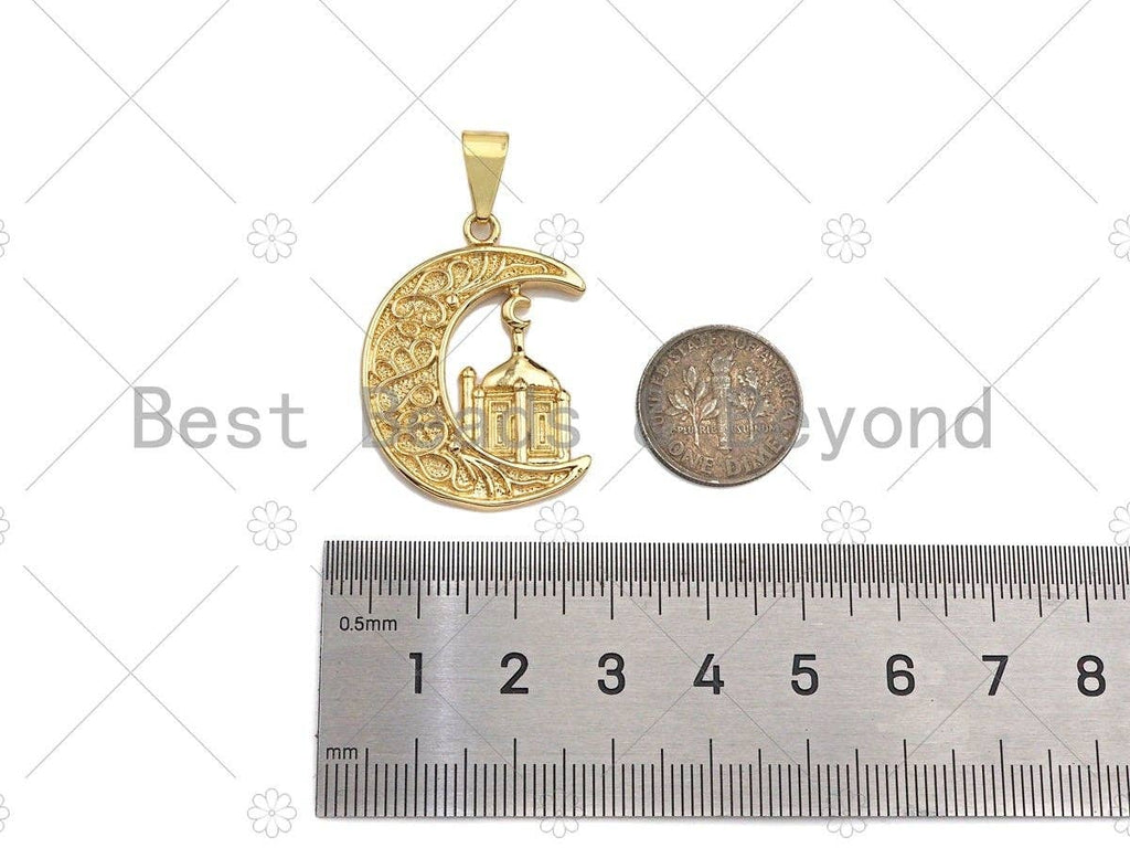 CZ Micro Pave Palace On Cresent Moon Shape Pendant/Charm, Sku#F1358C