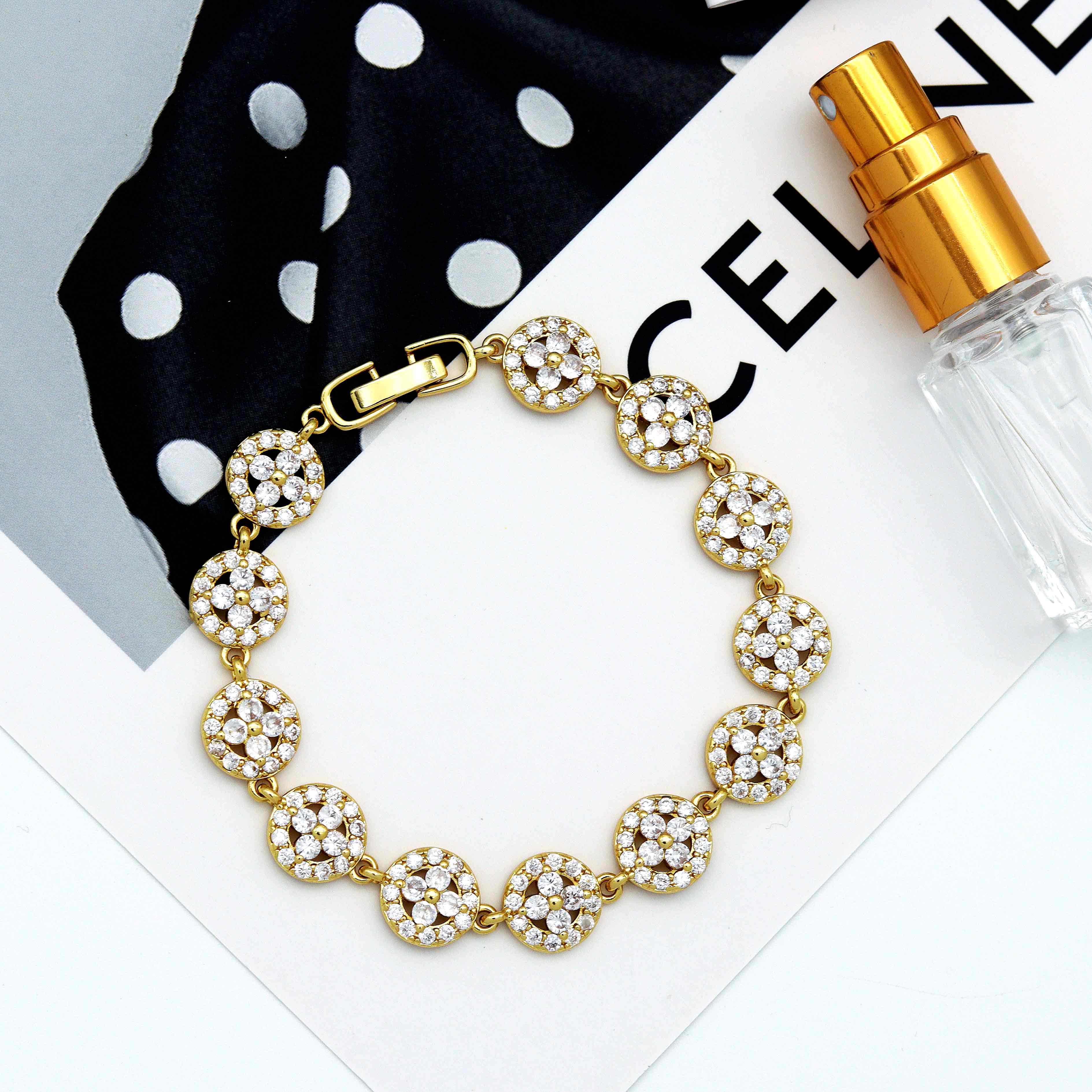 CZ Gold Silver Flower Bezel Setting Bracelet, Sku#B217