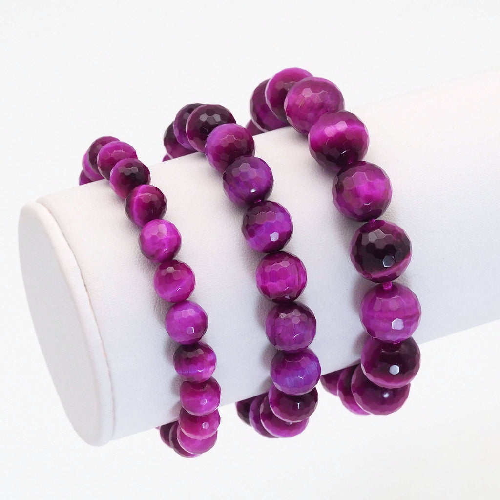 Fuchsia Tiger Eye Round Faceted Stretchy Bracelet, Sku#EF390