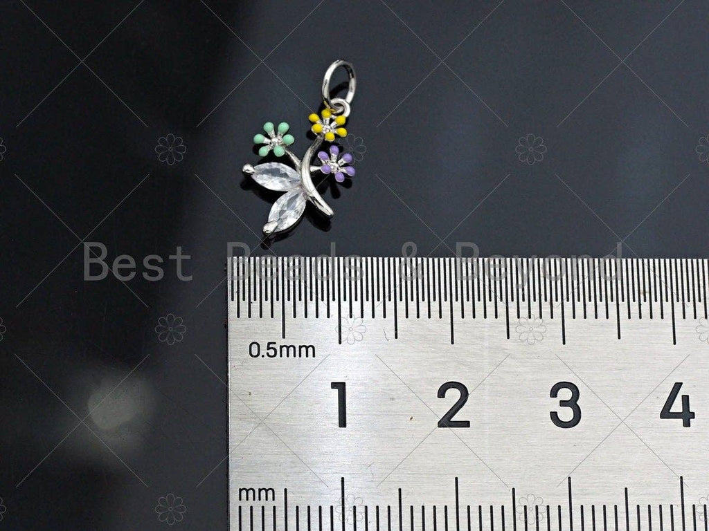 Clear CZ Micro Pave Flower Shape Pendant,Cubic Zirconia Colorful Enamel Flower Charm,Pink/Yellow/Blue Emamel Flower,10x15mm,sku#Y346