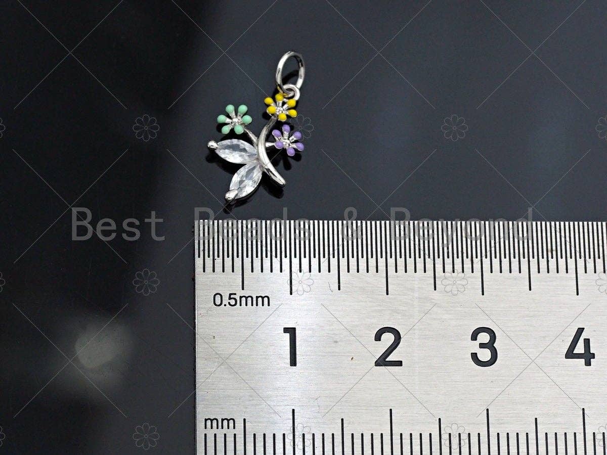 Clear CZ Micro Pave Flower Shape Pendant,Cubic Zirconia Colorful Enamel Flower Charm,Pink/Yellow/Blue Emamel Flower,10x15mm,sku#Y346