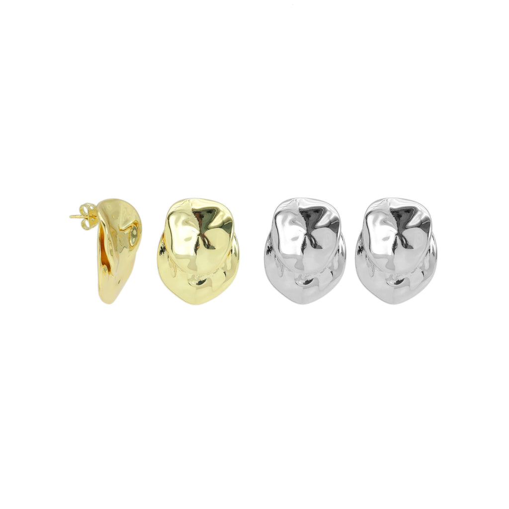 Silver Gold Hammered Oval Shape Statment Earrings, Sku#LD623