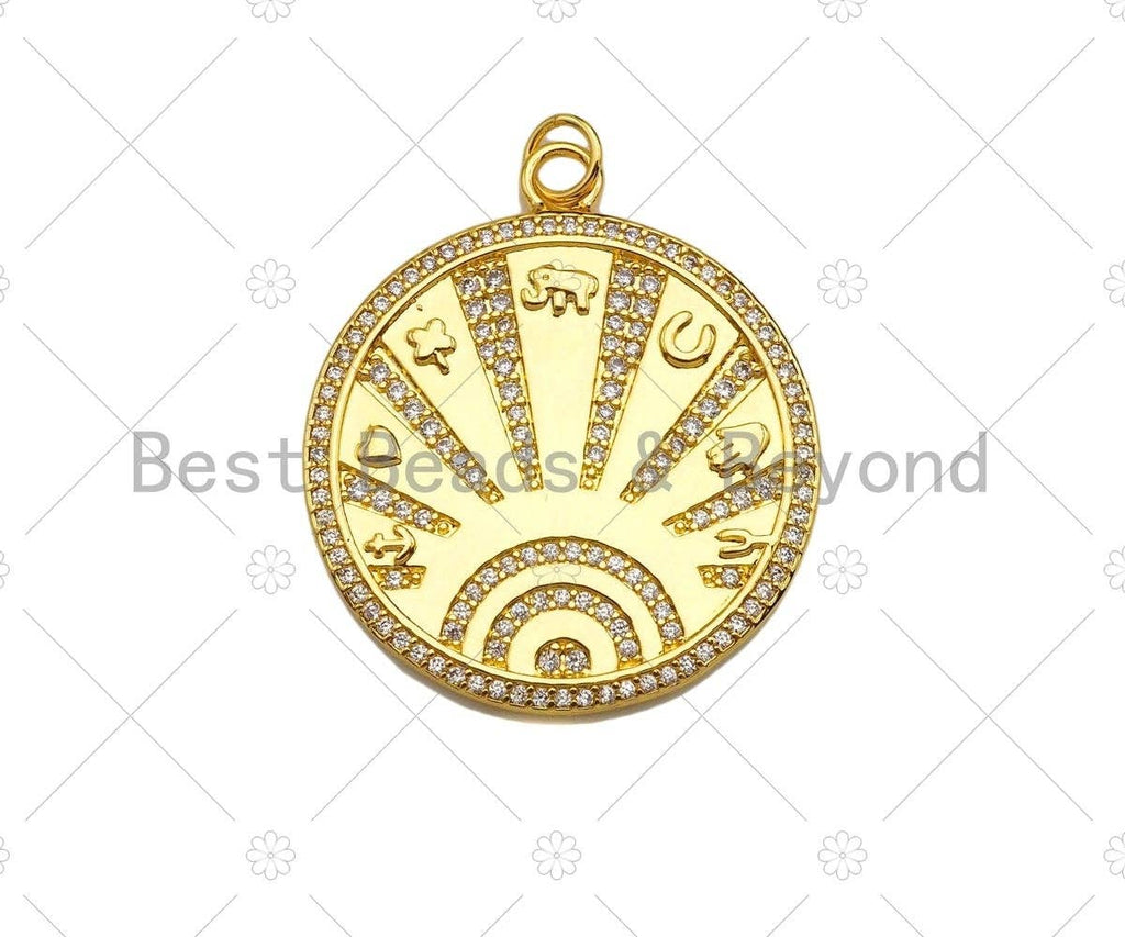 CZ Micro Pave Radiate On Round Coin Pendant/Charm,Cubic Zirconia Star Moon Hand Charm, Necklace Bracelet Charm Pendant,28x32mm, Sku#Y393