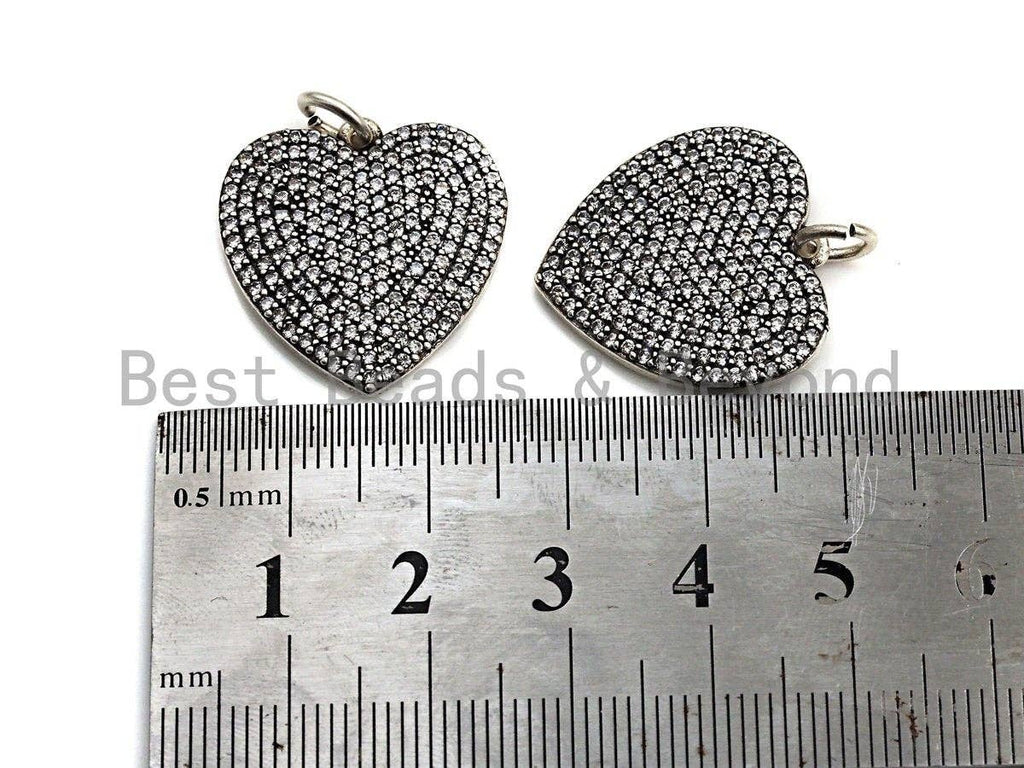 CZ Micro Pave Heart Shape Pendant, Antique Silver Tone, Cubic Zirconia Pave Heart Charm Pendant, 22mm,sku#F1024