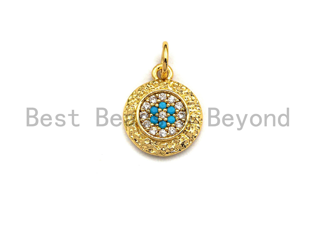 CZ Micro Pave Round Shape Turquoise Evil Eye Charm,Cubic Zirconia Round Charm/Pendant, Gold/Silver Tone,11x13mm,sku#Y226