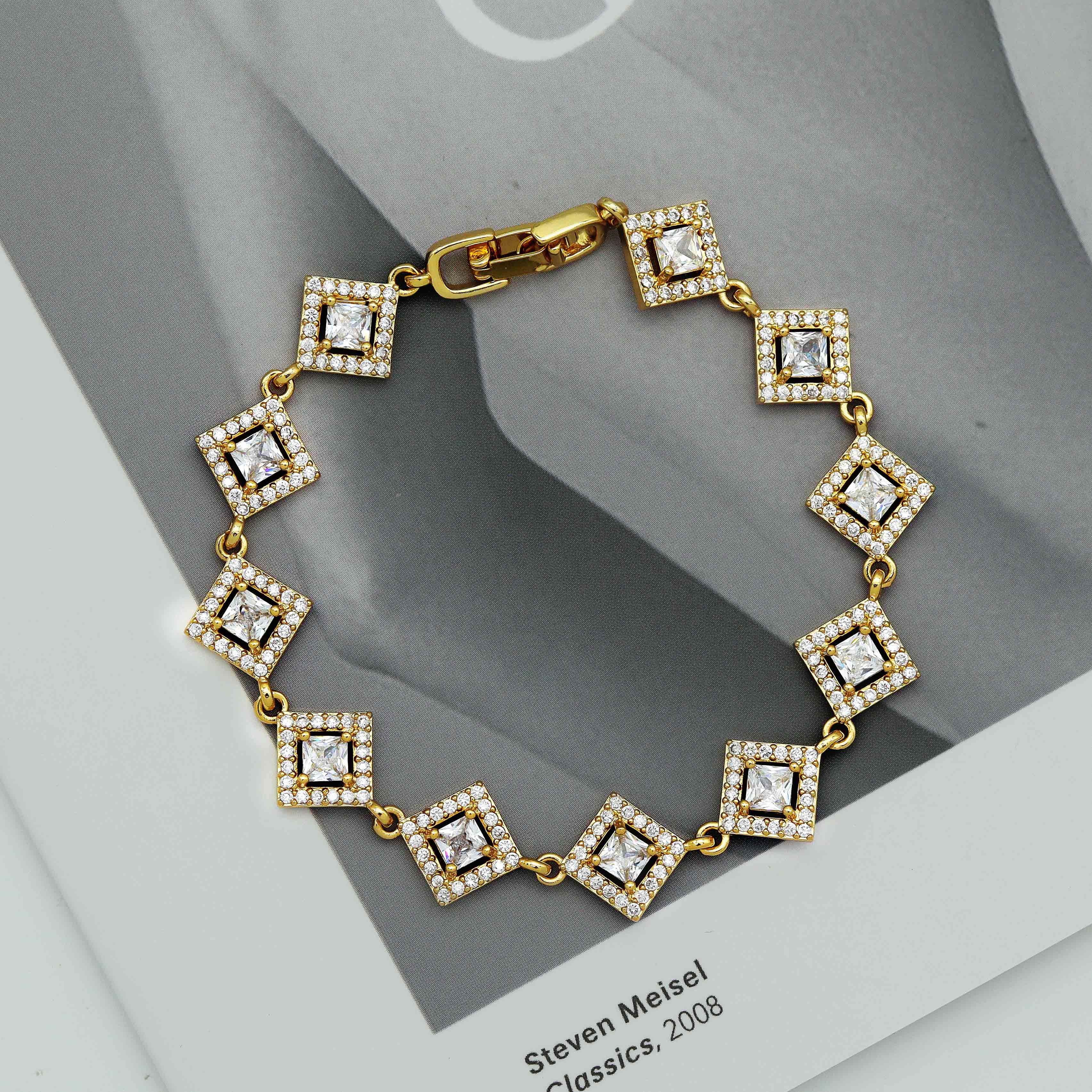 CZ Gold Silver Rhombus Diamond Shape Bezel Setting Bracelet, Sku#B218