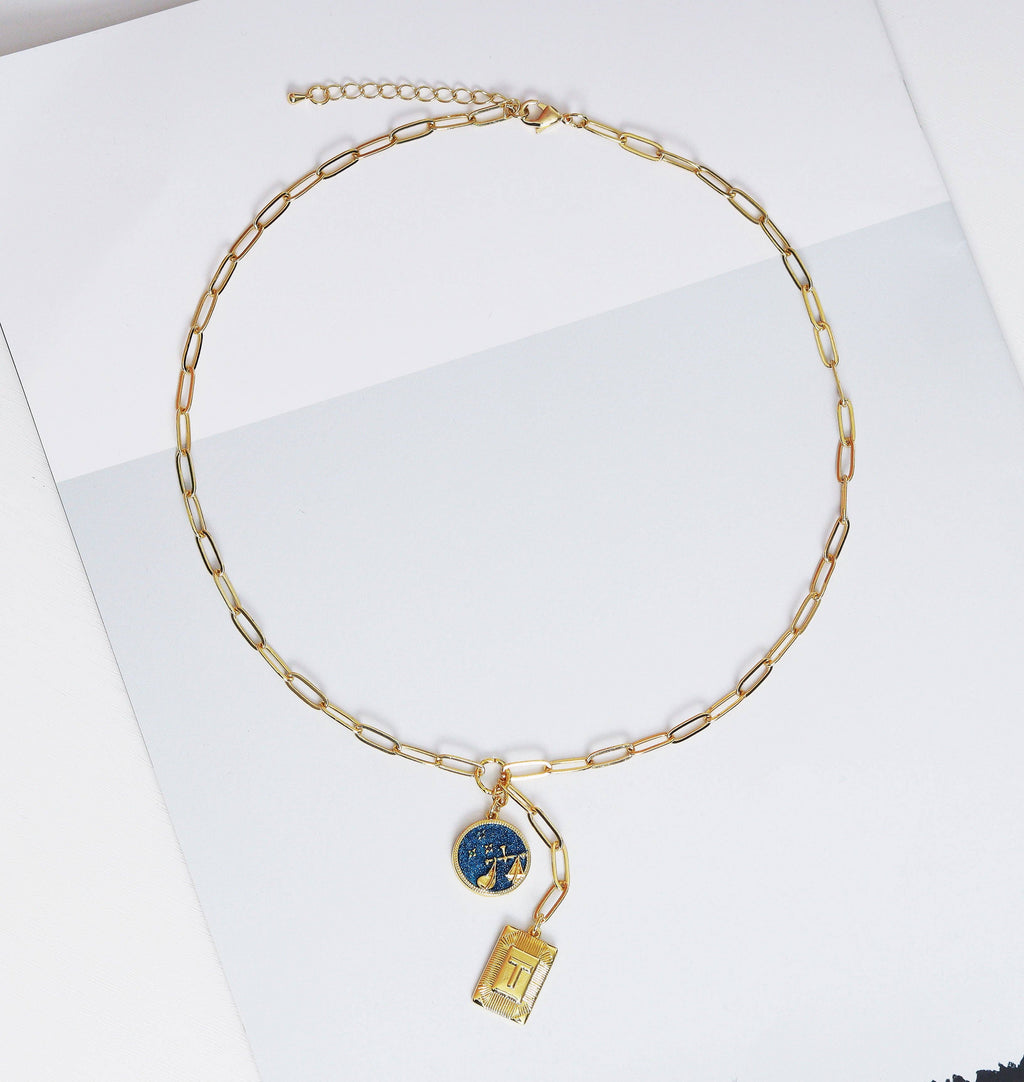 Personalized Blue Constellation Drop Coin Necklace, Sku#CL27