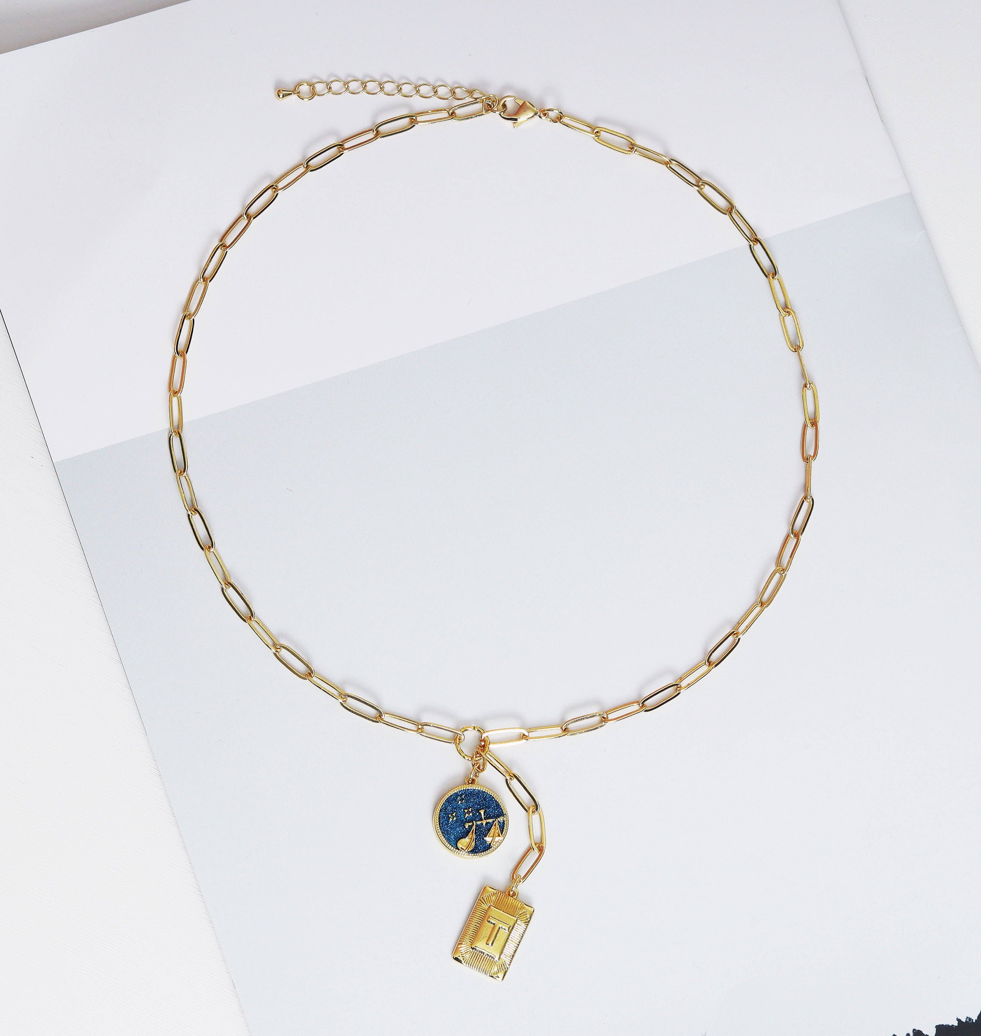 Personalized Blue Constellation Drop Coin Necklace, Sku#CL27