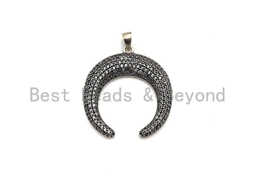 CZ Micro Pave OX Horn Shape Pendant, Antique Silver Tone, Cubic Zirconia Pave Crescent Charm Pendant, 32x35mm,sku#F1028