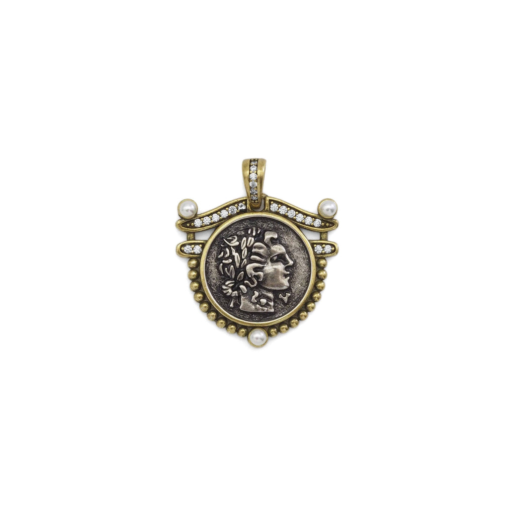 Double-sided Ancient Coin Pendant with CZ Pearl, Sku#Y884
