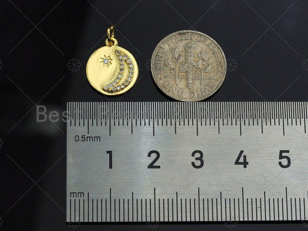 Dainty Shiny Gold Moon Star Round Coin Charms, Dainty Charms, Godl Coin Charm, Gold Pendant, 12x14mm, Sku#LK118