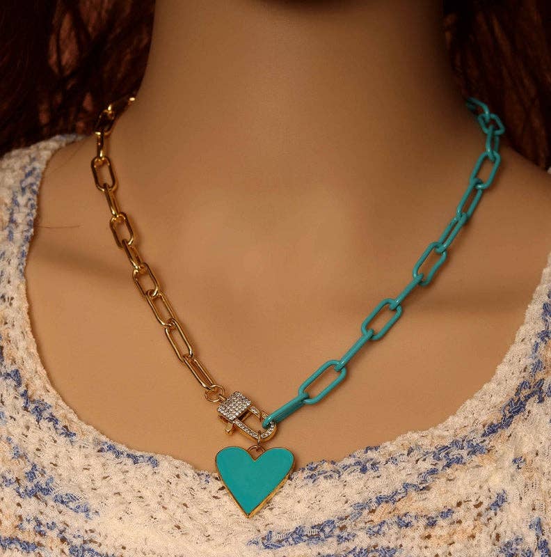 Mixed Color Paperclip Chain Heart Necklace, sku#EF158