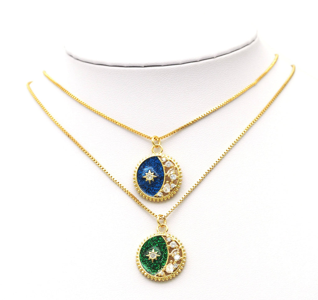Clear CZ  Enamel Moon Star Charm, Sku#F1456C