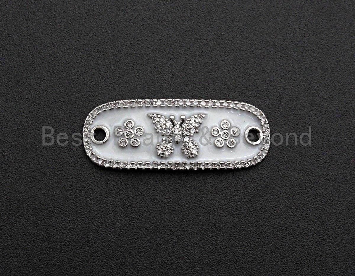 White Enamel Butterfly Flower Oval Bar Connector ,CZ Micro Pave Oil Drop Connector, Enamel Jewelry,11x29mm,sku#Z612