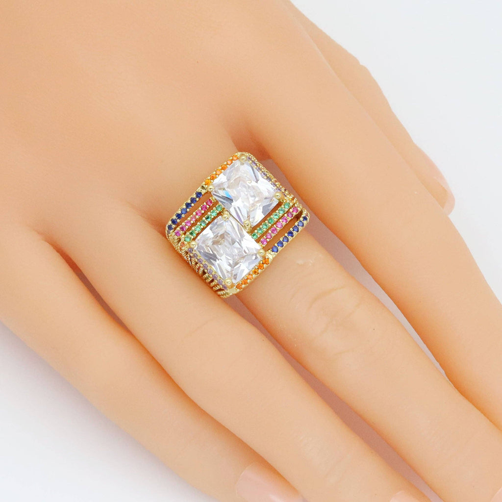 Clear CZ Two Big Square Statement Adjustable Ring, Sku#LX542