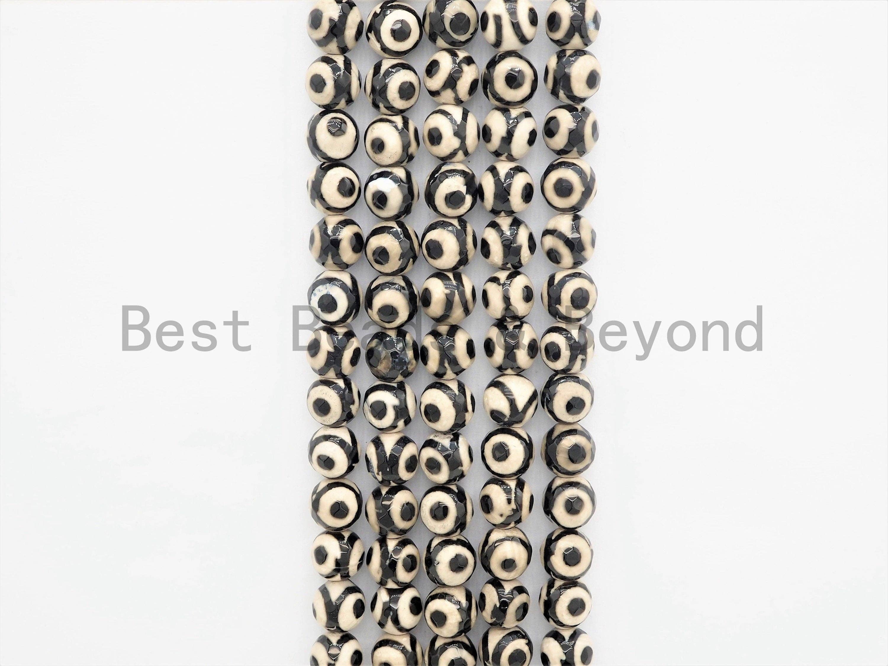 Quality Dzi Black Aage Eye Beads,  Round Faceted Evil Eye Tibetan Agate, 6mm/8mm/10mm/12mm beads, 15.5inch strand, SKU#U409
