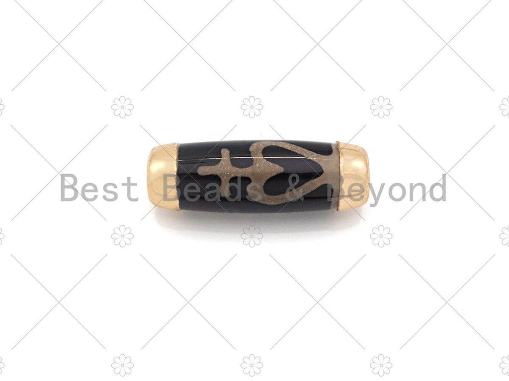 16x39mm Large Natural Tibetan Agate Gold Finish Barrel Shape Spacer Beads, Oval Tibetan Agate Beads, sku#U950