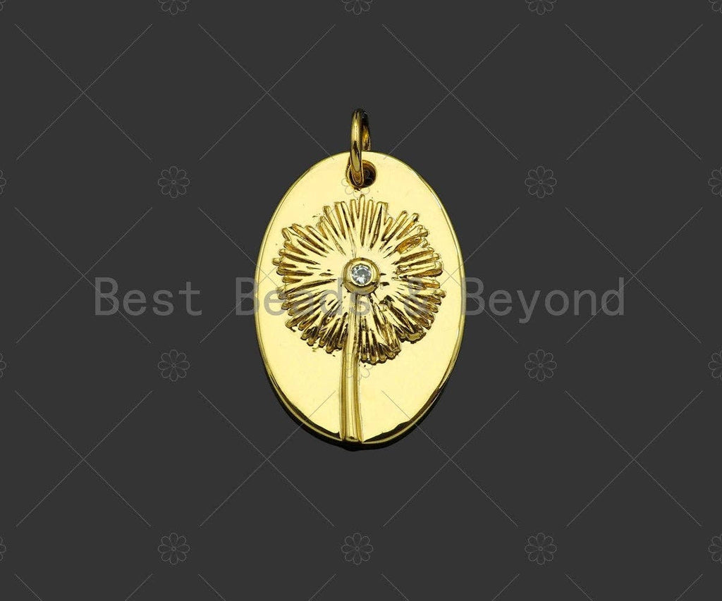 Gold Filled CZ Micro Pave Dandelion On Oval Shape Pendant, 18K Gold Filled Dandelion Charm, Necklace Bracelet Charm Pendant,14x20mm,Sku#Y464