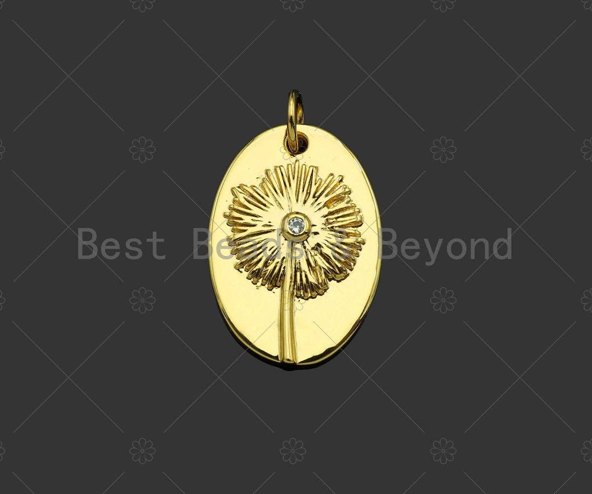 Gold Filled CZ Micro Pave Dandelion On Oval Shape Pendant, 18K Gold Filled Dandelion Charm, Necklace Bracelet Charm Pendant,14x20mm,Sku#Y464