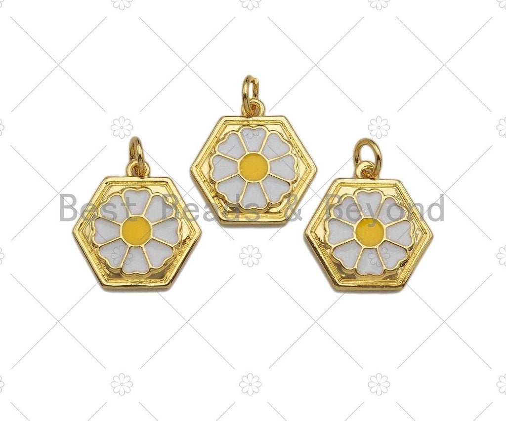 White Enamel Daisy Flower On Hexagon Shape Pendant Charm, Enamel Hexagon Charm,16x16mm,sku#L355
