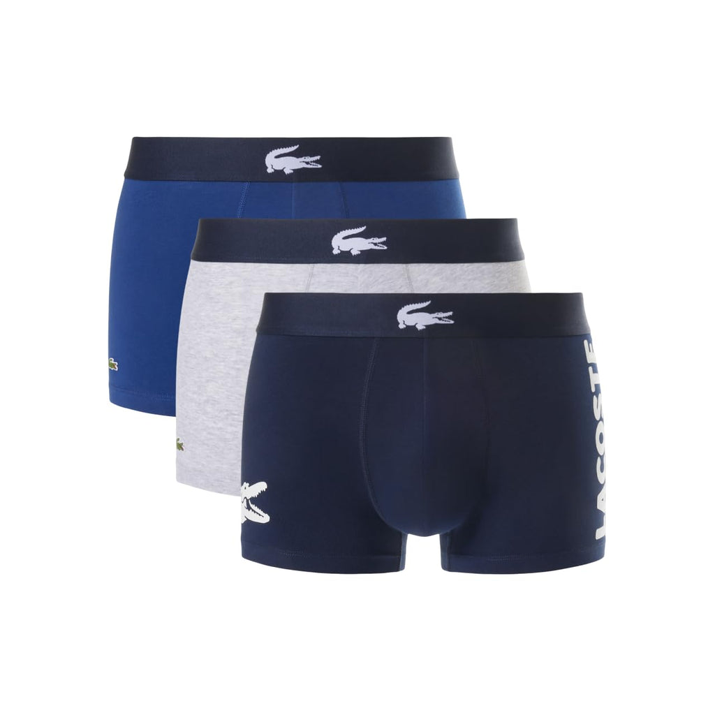 Lot de 3 boxers Lacoste pour homme en coton stretch à grand imprimé crocodile, bleu marine/blanc/gris tourterelle, taille S