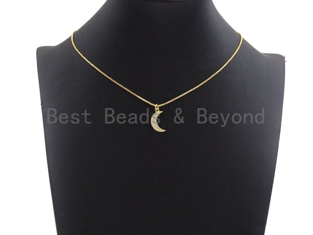 CZ Micro Pave Crescent Moon Pendant, Cubic Zirconia Pendant, Silver/Gold/Rose Gold/Black Tone, 11x19mm, Sku#X108