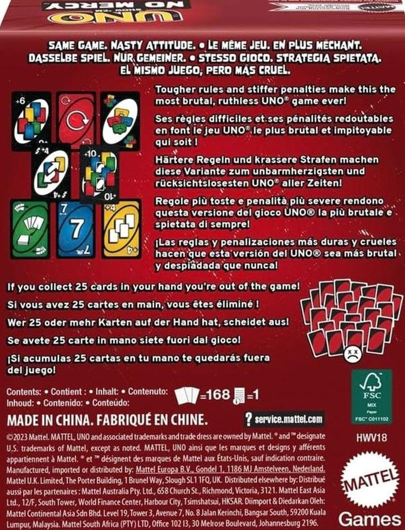 UNO Show ‘Em No Mercy plus Card Game in Storage & Travel Tin for Kids, Adults & Family Night with Extra Cards, Special Rules & Tougher Penalties