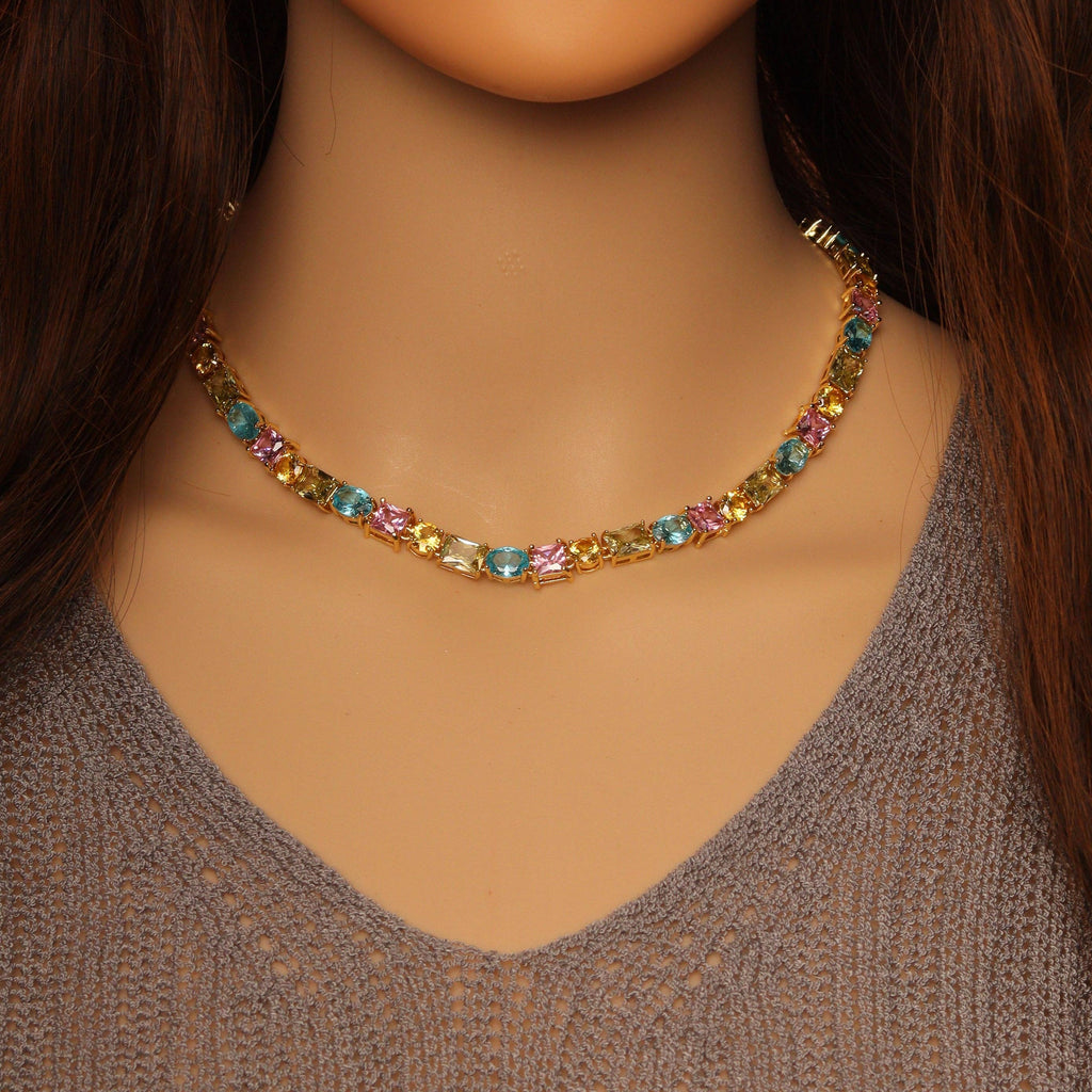 Fancy Colorful Oval Square Rectangle CZ Gold Link Chain Necklace, sku#B362