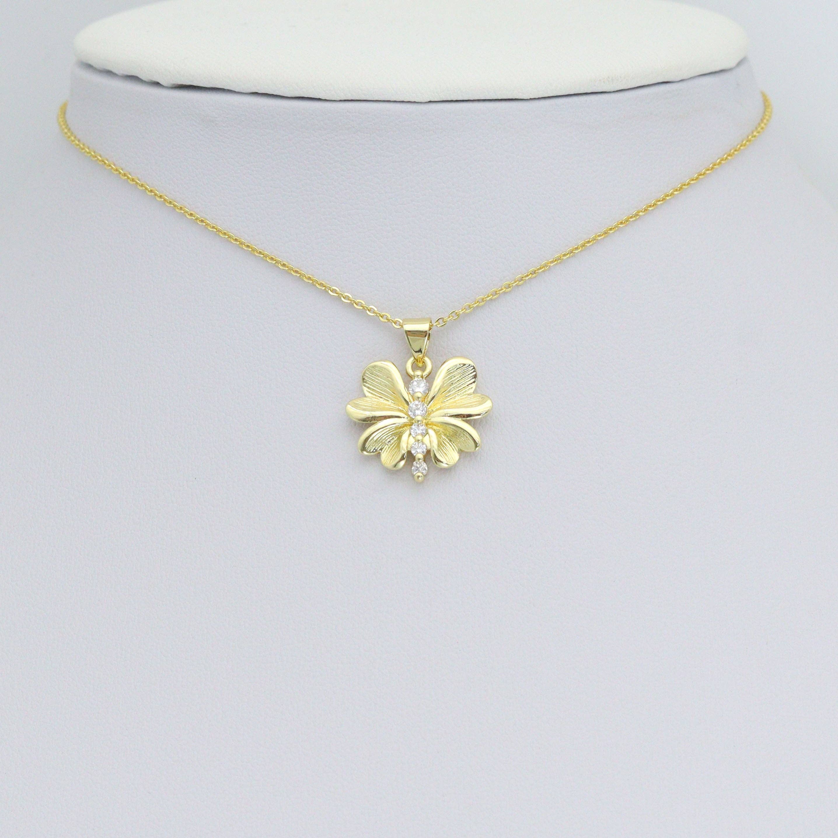 CZ Gold Petal Flower Dragonfly Charm Pendant, Sku#LK1190