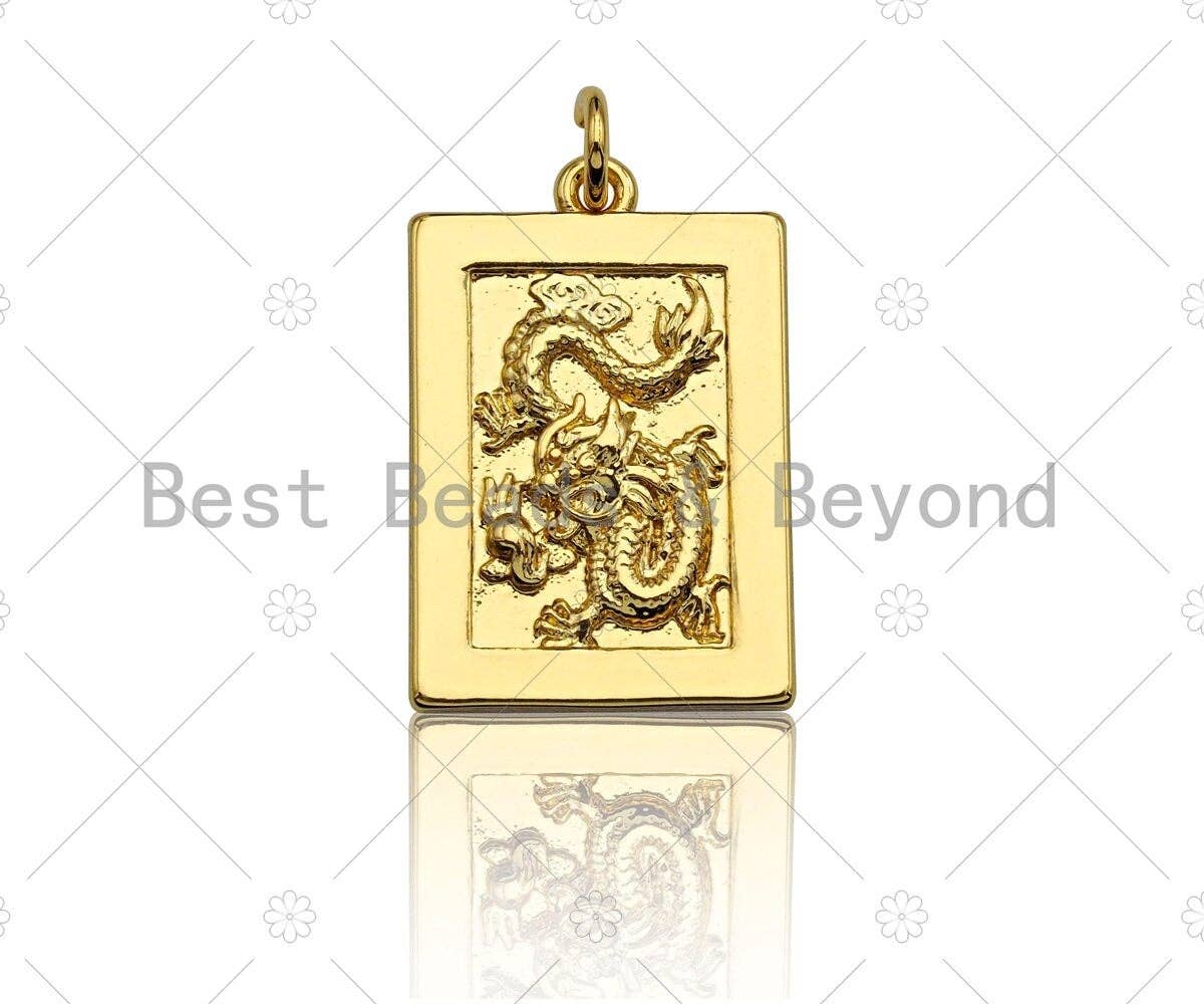 Shiny Gold Medallion Dragon Dog Tag Pendant, Dragon Rectangl