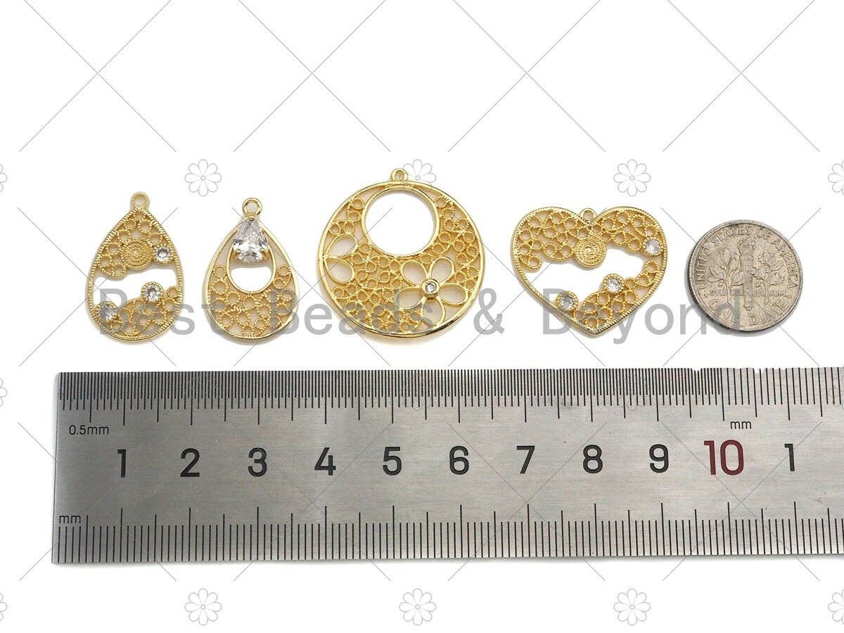 Filigree Gold Lacy Charm with CZ Stone, Round/heart/Teardrop/Windmill Brushed Gold Twisted Wire Charm Pendants, Earrings making, sku#CP13