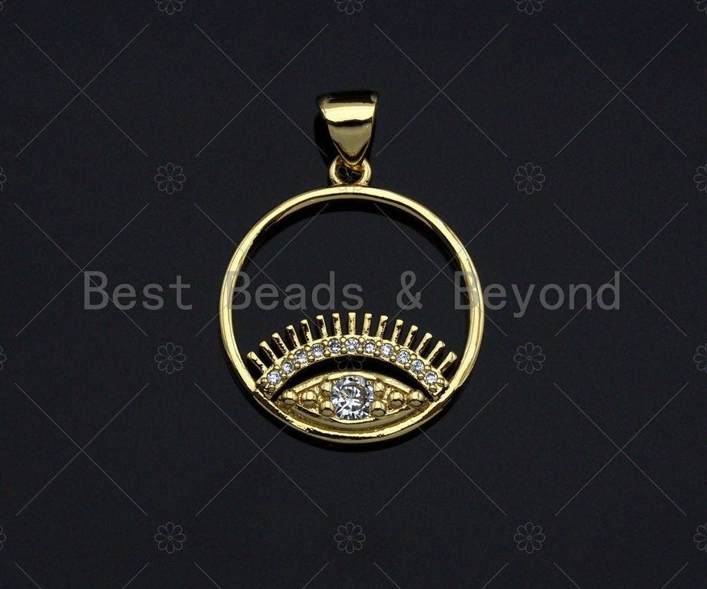 18k Dainty Gold Evil Eye With Long Eyelash On Round Ring Shape Charms, Dainty Charms,Round Ring Necklace Charms, 18x20mm, Sku#LK173
