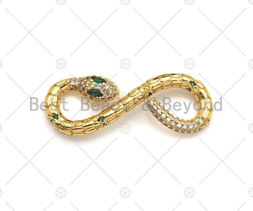 CZ Micro Pave Shiny Snake Shape Clasp, 18K Gold Filled Snake Charms, Animal Pendant, Snake Necklace Charm, 12x33mm, Sku#Z1184