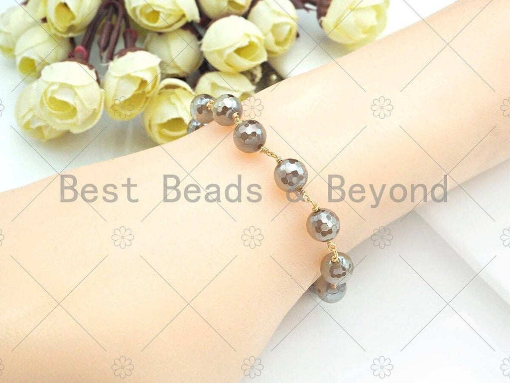 Mystic Agate Brown/Champaign/Grey Rosary Chain, 8mm Agate Beaded Chain, Wire Wrapped Gold Chain,Sku#V84