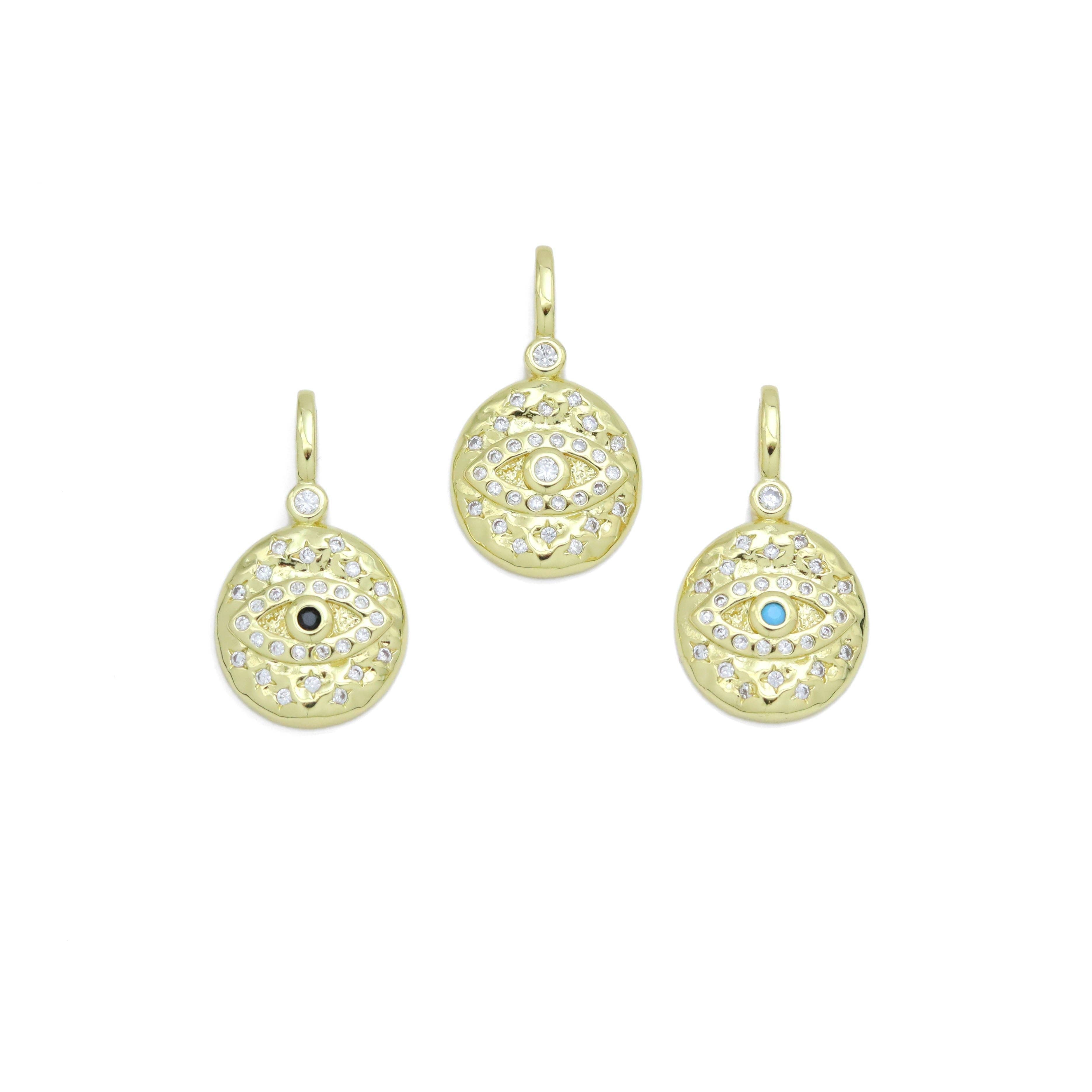 Hammered CZ Pave Evil Eye Coin Charm Pendant, Sku#LX575