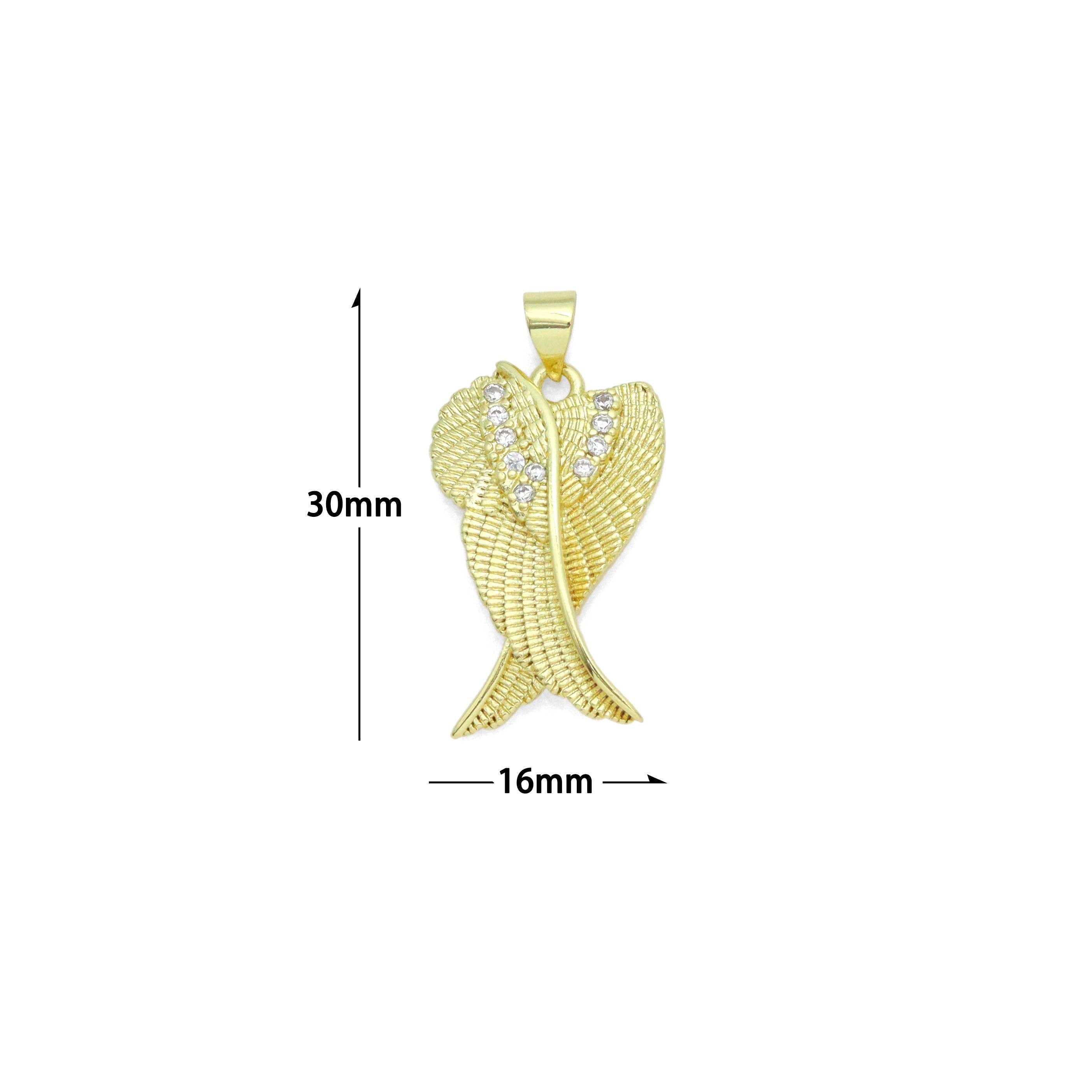 CZ Gold Angel Wings Charm Pendant, Sku#LK1176