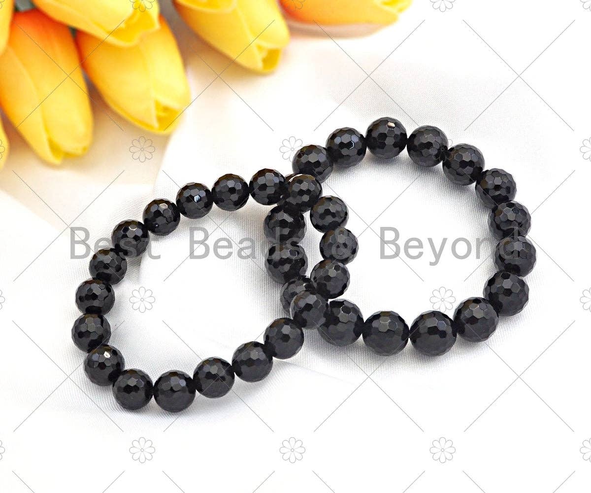 Black Onyx Round Faceted Stretchy Bracelet, Sku#EF04
