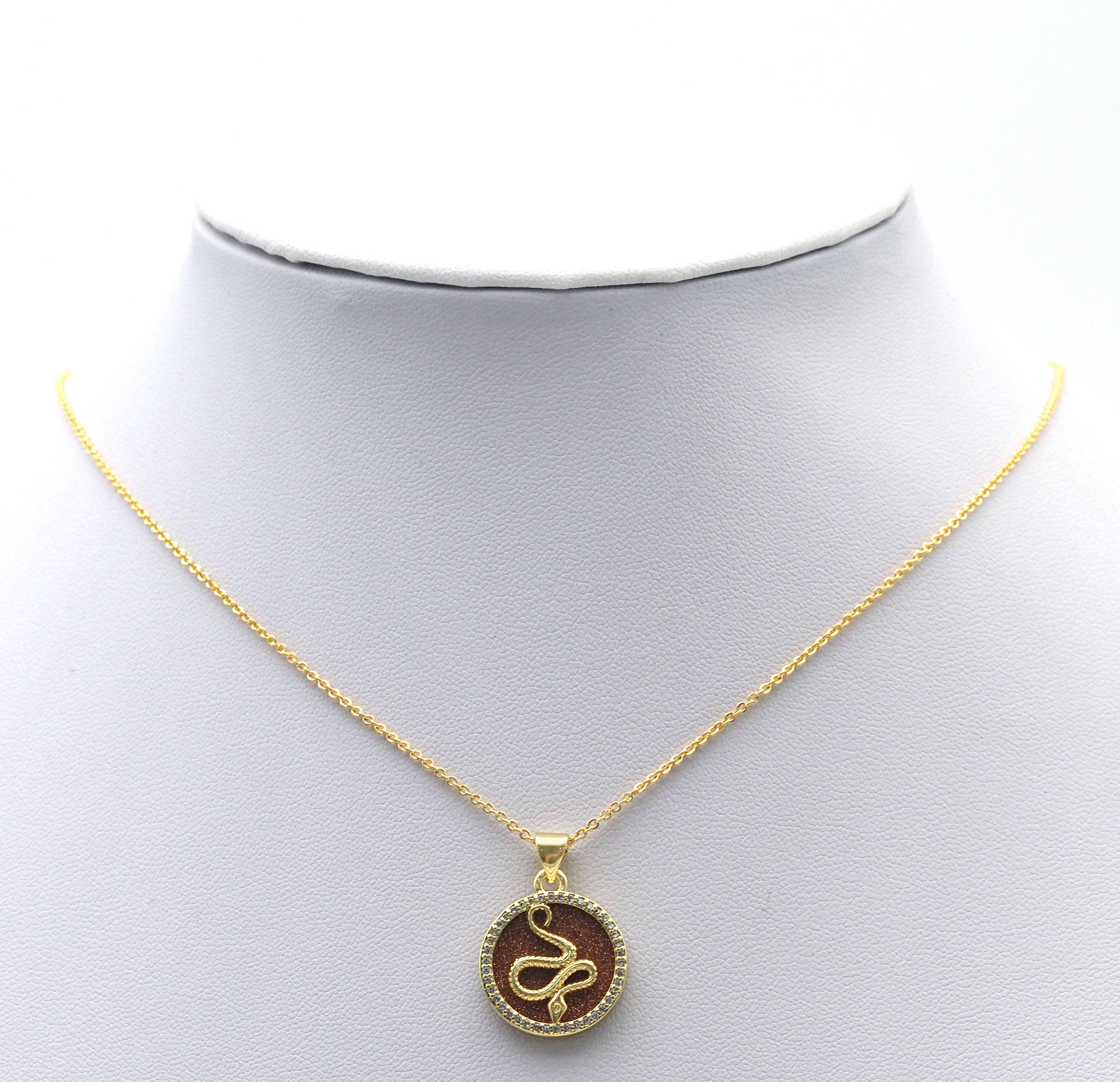 Gold CZ Snake On Round Coin Gemstone Charm, Sku#LX114