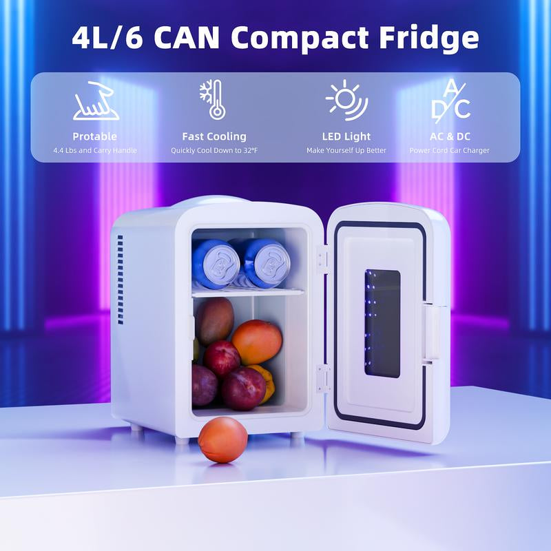 Antarctic Star 4L Mini Compact Refrigerator with Gaming Light: 6-Can Portable Cooler for Bedroom, Car, Office, Dorm - Cosmetics, Beverage & Food Storage (Black)