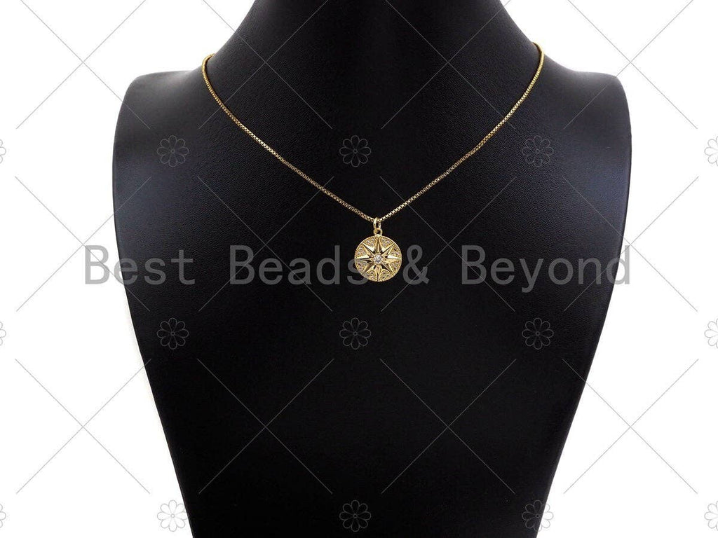 CZ Micro Pave North Star On Round Coin Pendant Charm, Bracelet Necklace CZ Star Pendant Charm, Silver/Gold /Rose Gold Tone,15x18mm,Sku#Y385