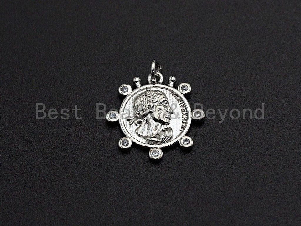 Medallion Coin Pendant/Charm, Medallion Cubic Zirconia Pendant, Silver/Gold Tone, 20x20mm,Sku#Z449