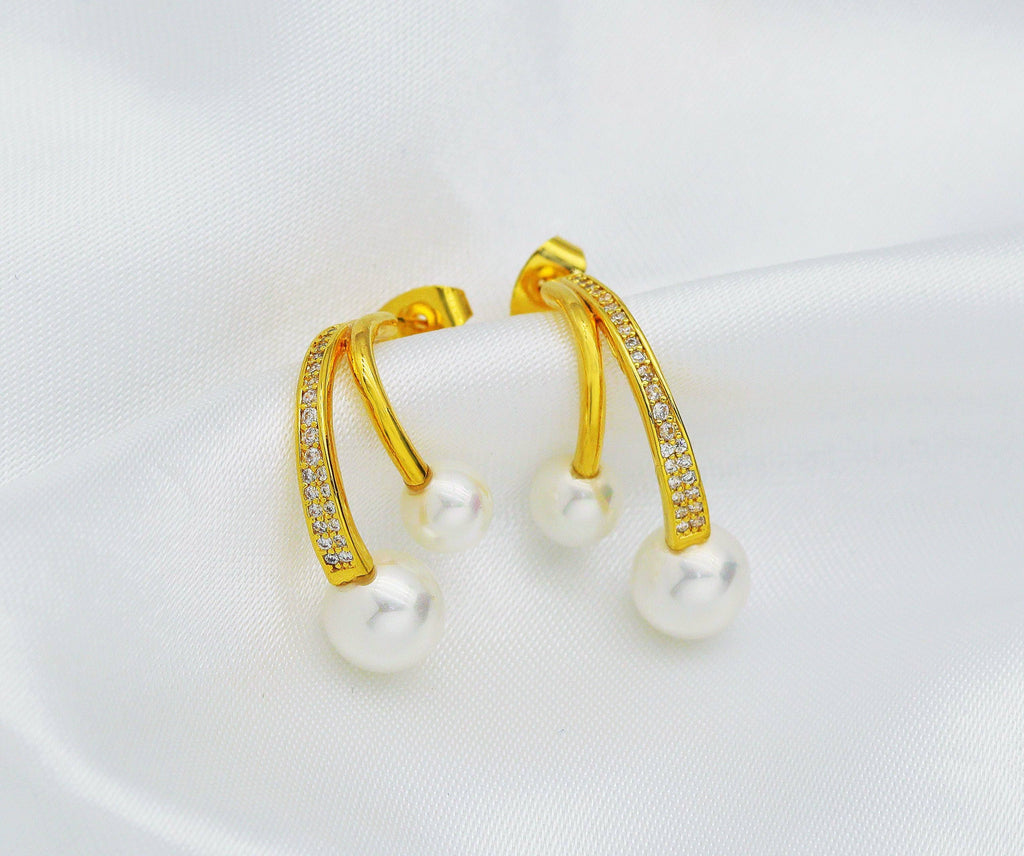 CZ Twin Pearl Stud Earrings, Sku#ZX81