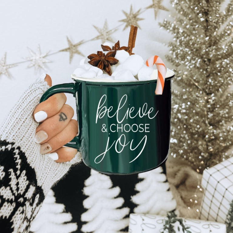 Believe And Joy Ceramic Campfire Mug 14.5oz Red Green Double-Sided White Text